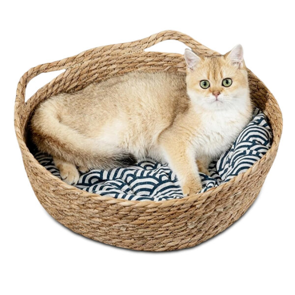 Natural Cat Bed Straw Nest Woven Pet House Handmade Braided Cattail Leaf with Soft Cushion